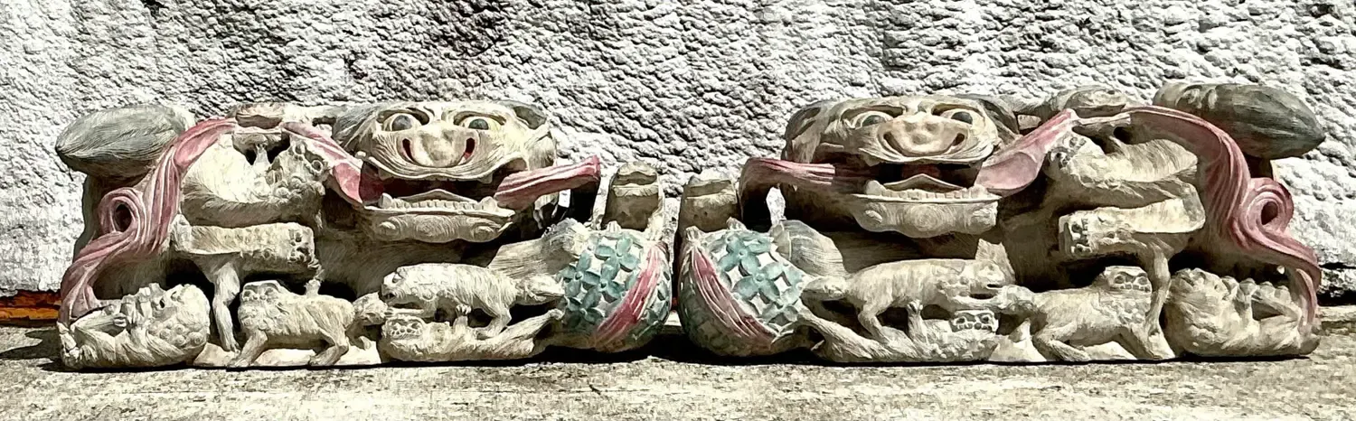 Vintage Asian Hand Carved Foo Dogs - a Pair — additional photo 2