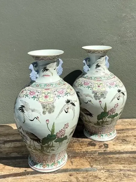 Vintage Asian Hand Painted Crane Urns - A Pair — additional photo 8