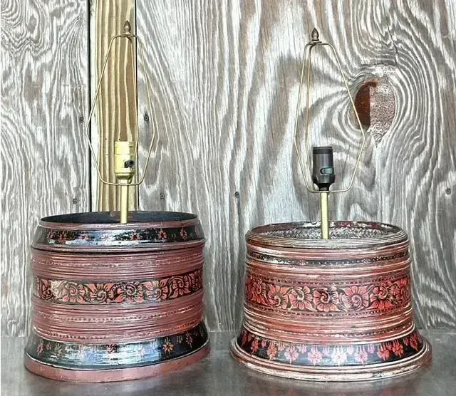 Vintage Asian Hand Painted Drum Lamps - Set of 2 — additional photo 1