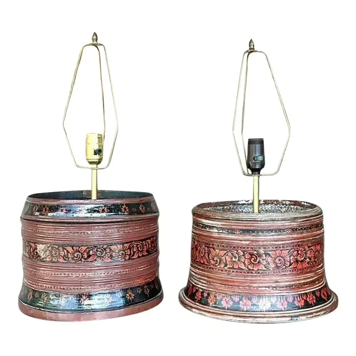 Vintage Asian Hand Painted Drum Lamps - Set of 2 — additional photo 2