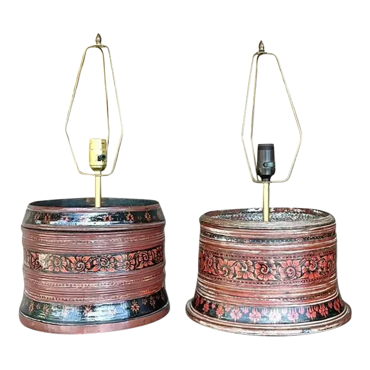 Vintage Asian Hand Painted Drum Lamps - Set of 2 — additional photo 3