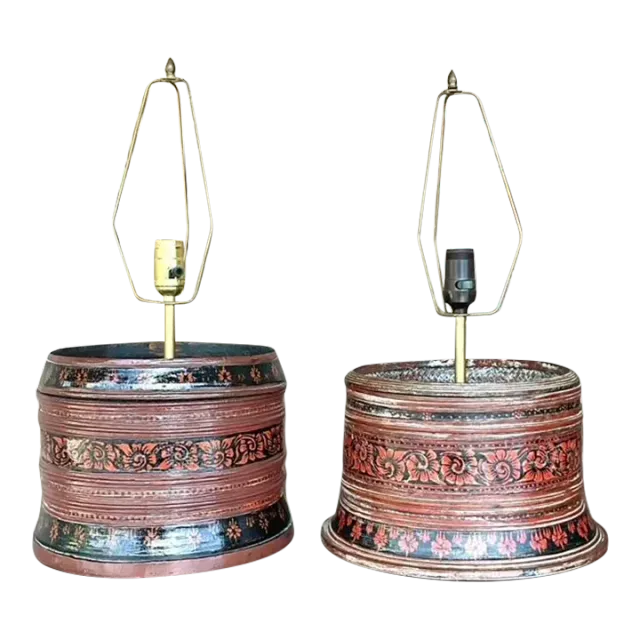 Vintage Asian Hand Painted Drum Lamps - Set of 2 — additional photo 3