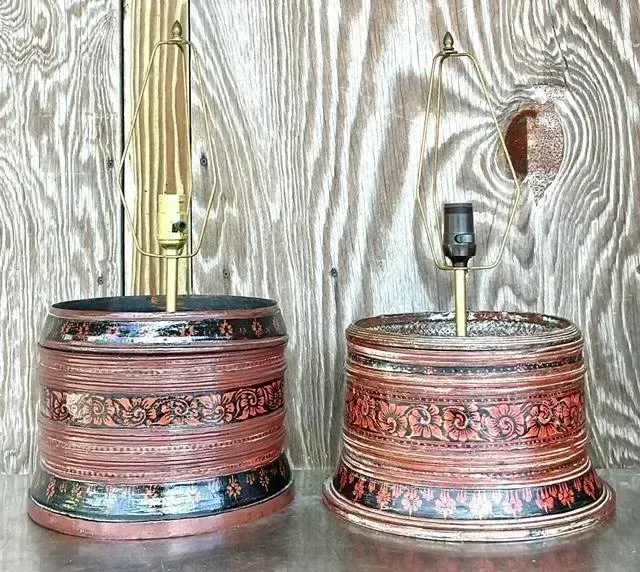 Vintage Asian Hand Painted Drum Lamps - Set of 2 — additional photo 4