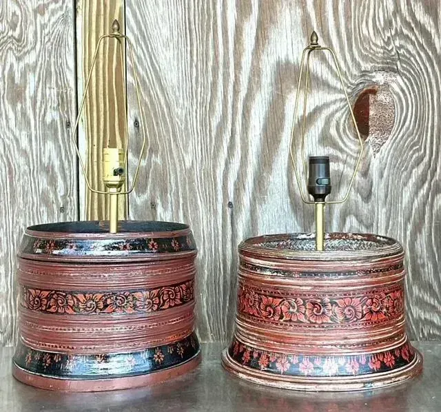 Vintage Asian Hand Painted Drum Lamps - Set of 2 — additional photo 5