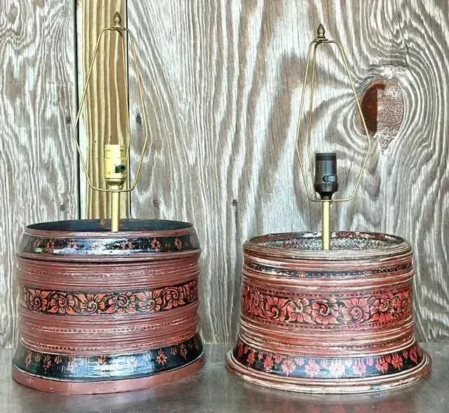Vintage Asian Hand Painted Drum Lamps - Set of 2 — additional photo 6