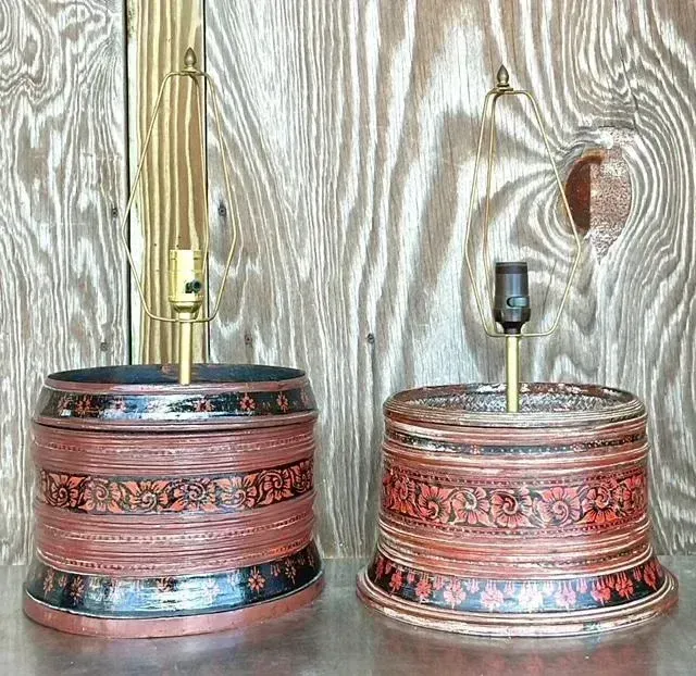 Vintage Asian Hand Painted Drum Lamps - Set of 2 — additional photo 8