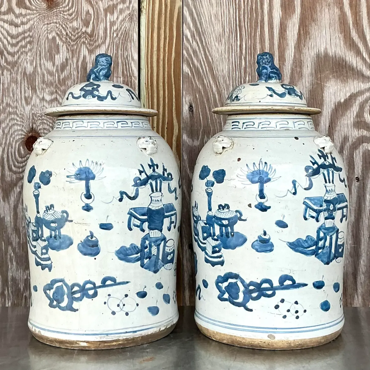 Vintage Asian Hand Painted Foo Dog Ginger Jars - a Pair — additional photo 3