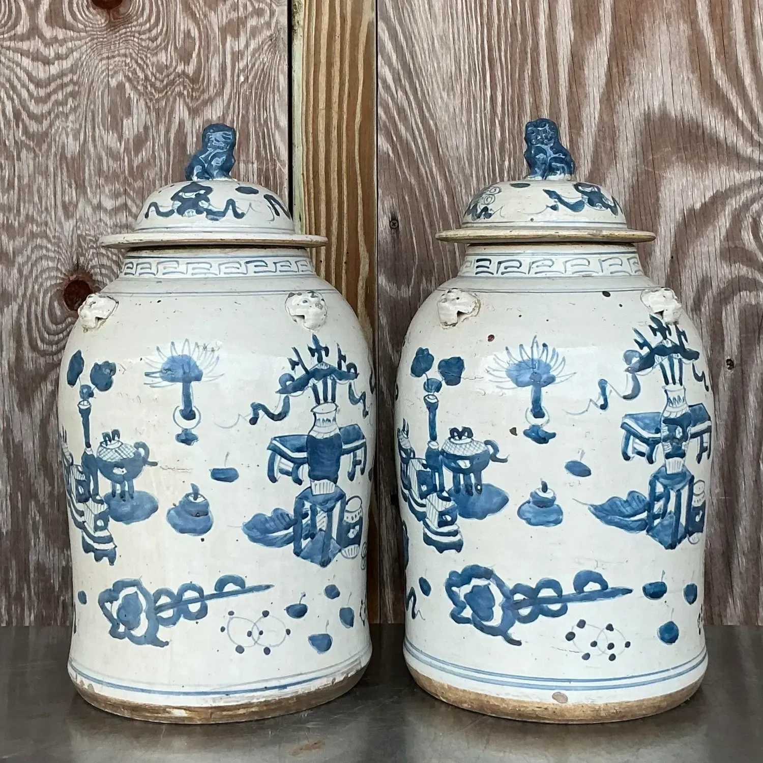 Vintage Asian Hand Painted Foo Dog Ginger Jars - a Pair — additional photo 4