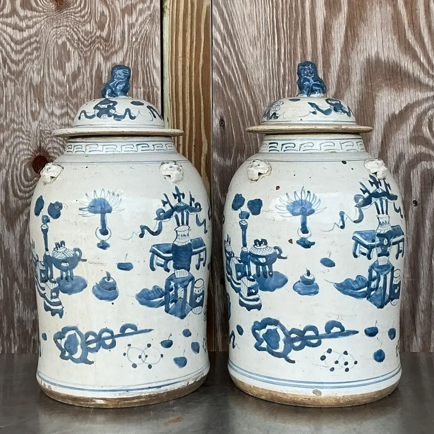 Vintage Asian Hand Painted Foo Dog Ginger Jars - a Pair — additional photo 5