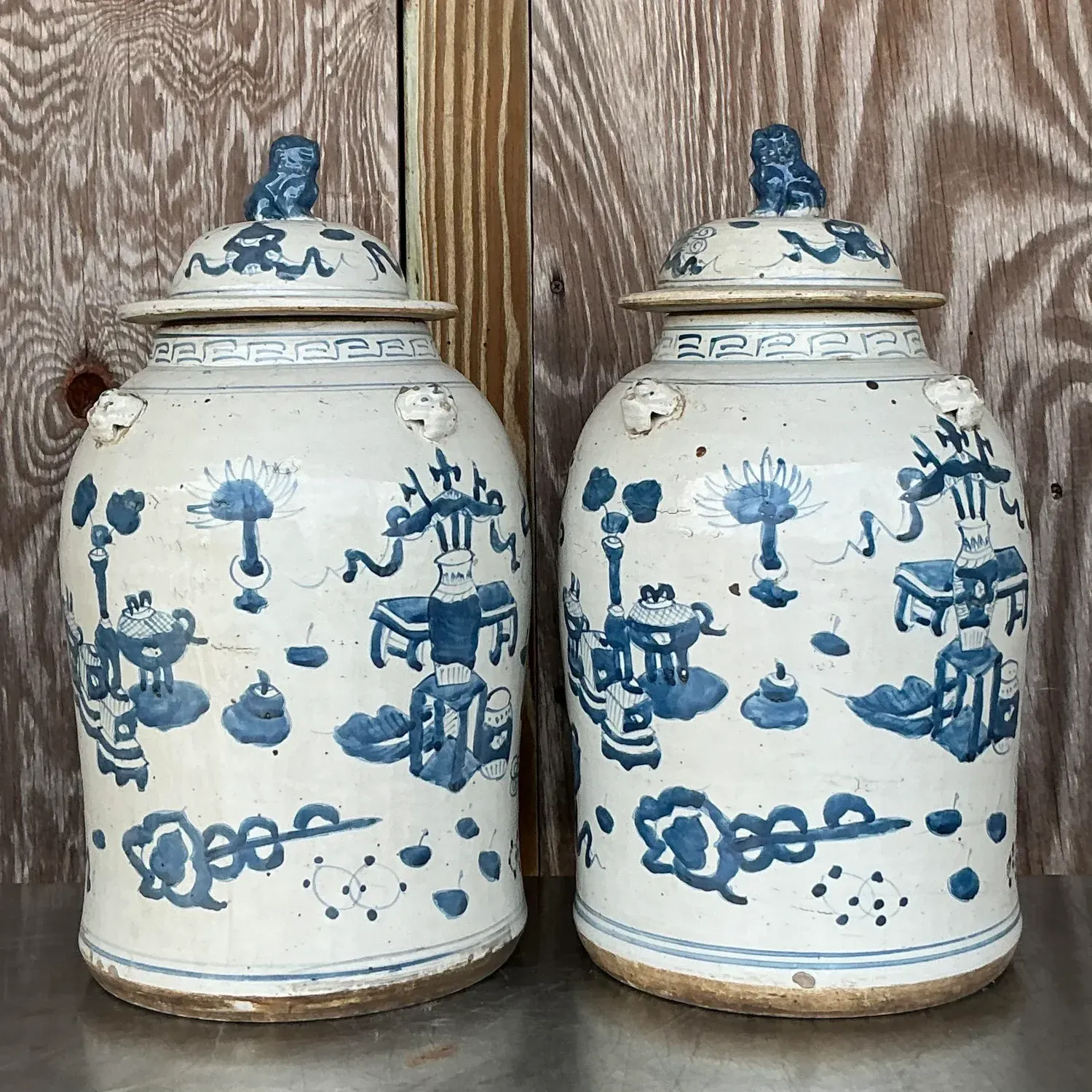 Vintage Asian Hand Painted Foo Dog Ginger Jars - a Pair — additional photo 6