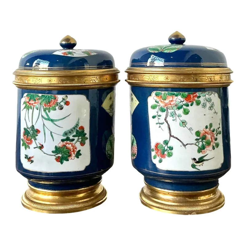 Vintage Asian Lidded Floral Ceramic Jars - A Pair