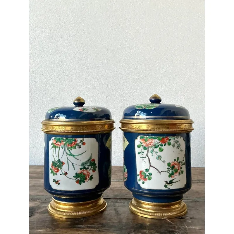 Vintage Asian Lidded Floral Ceramic Jars - A Pair — additional photo 2