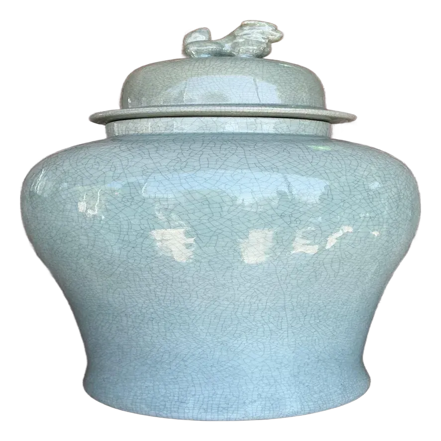 Vintage Asian Monumental Crackle Celedon Ginger Jar