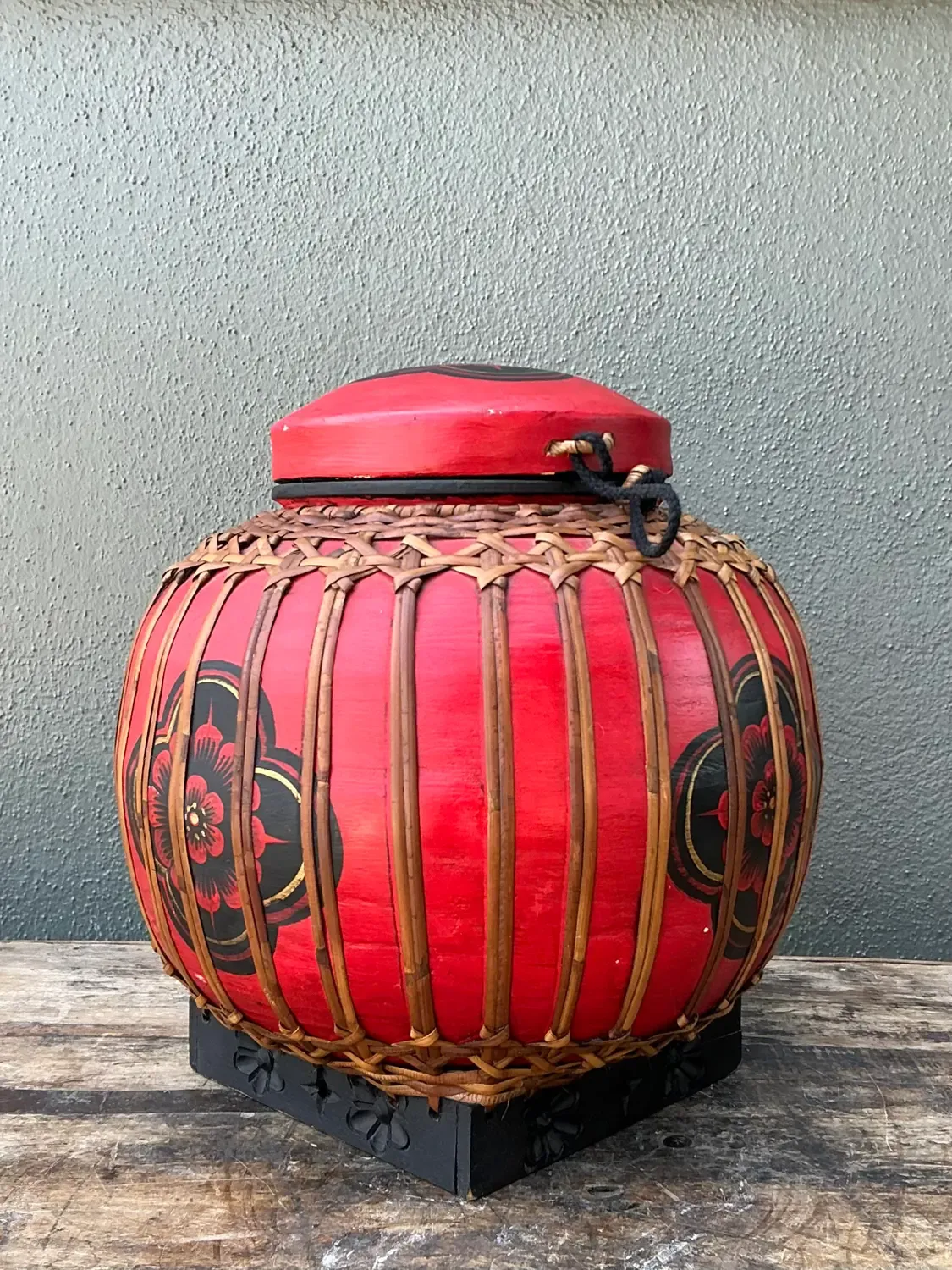 Vintage Asian Rattan Wrapped Lidded Basket — additional photo 1