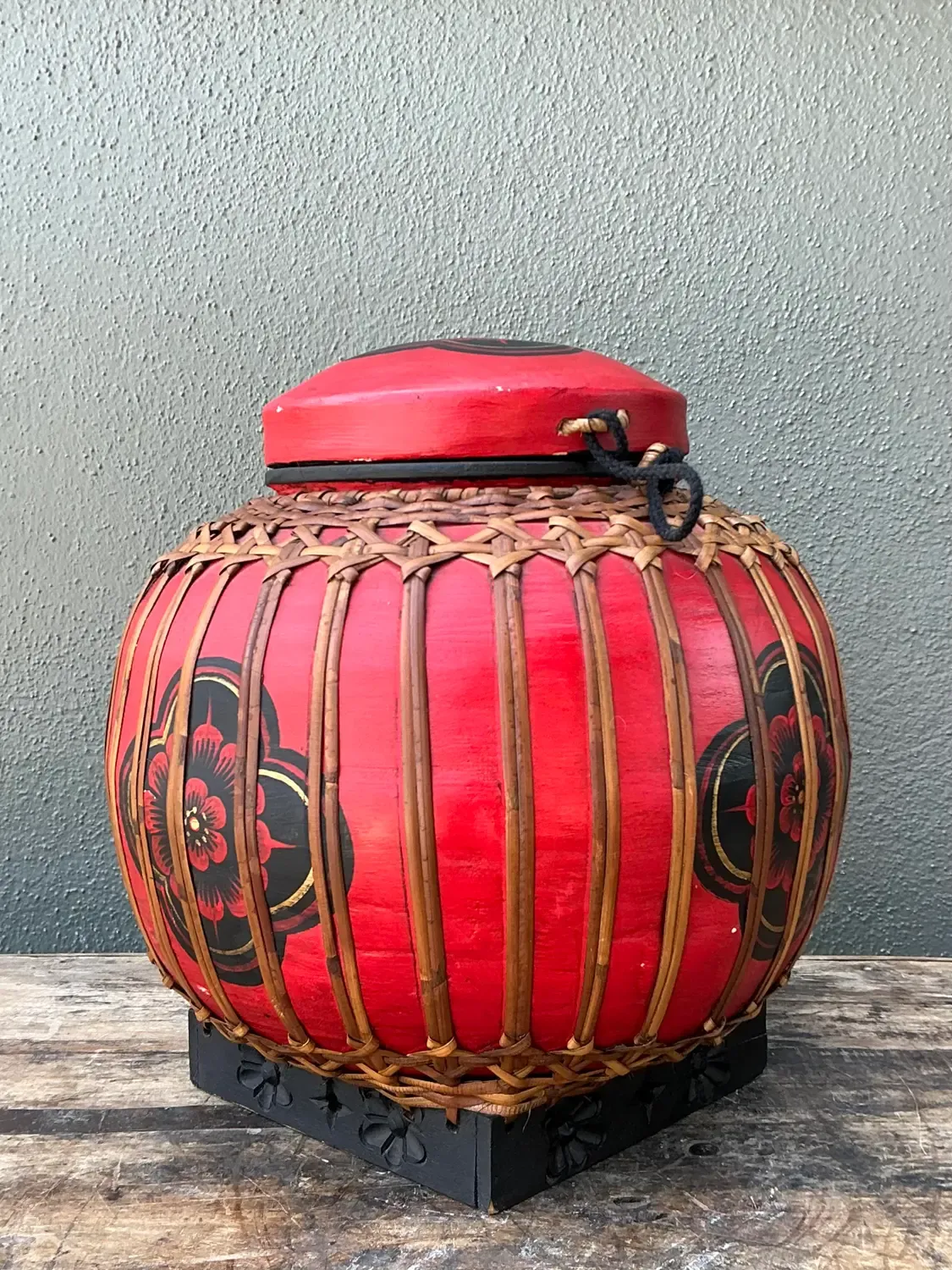 Vintage Asian Rattan Wrapped Lidded Basket — additional photo 1