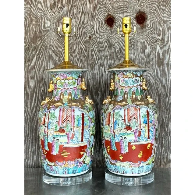 Vintage Asian Rose Famile Lamps - A Pair — additional photo 2