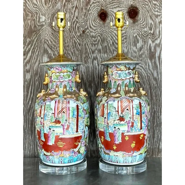 Vintage Asian Rose Famile Lamps - A Pair — additional photo 3