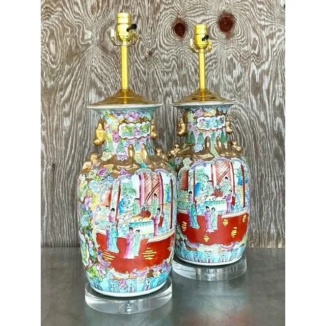 Vintage Asian Rose Famile Lamps - A Pair — additional photo 4