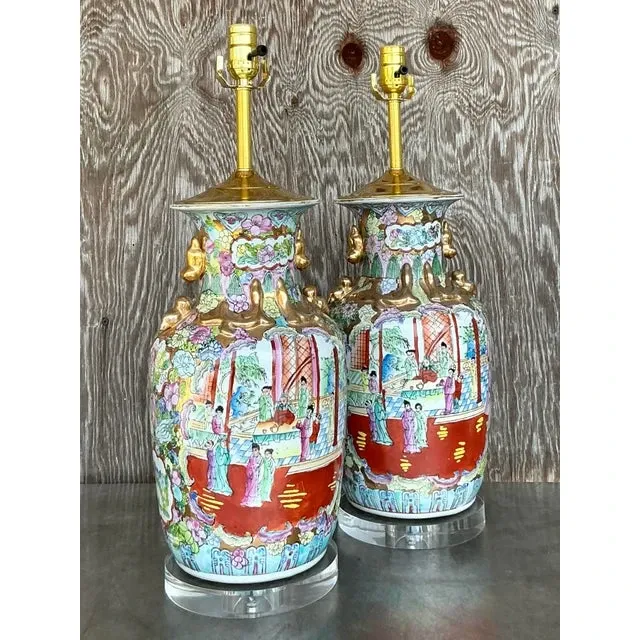 Vintage Asian Rose Famile Lamps - A Pair — additional photo 5