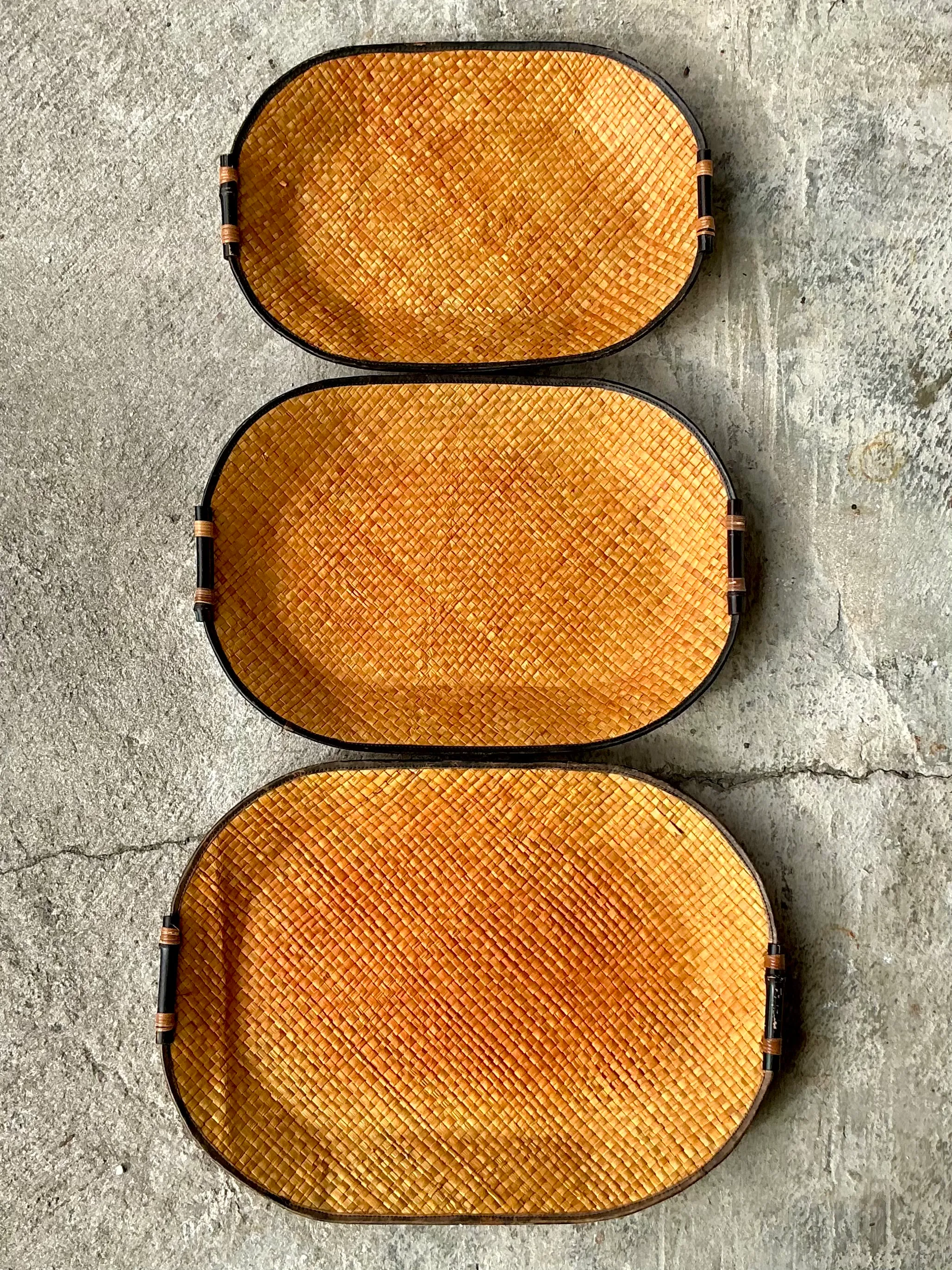 Vintage Bamboo Rattan Woven Trays- Set of 3 — additional photo 3