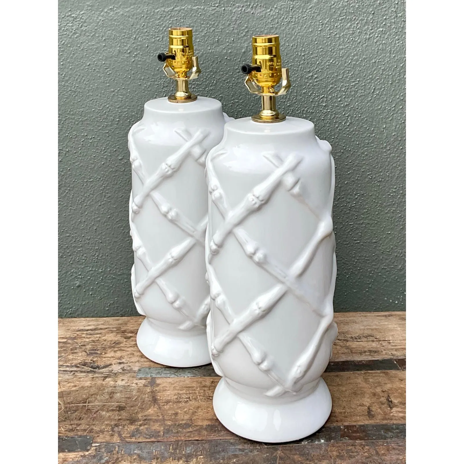 Vintage Bamboo Trellis Glazed Ceramic Lamps — additional photo 4