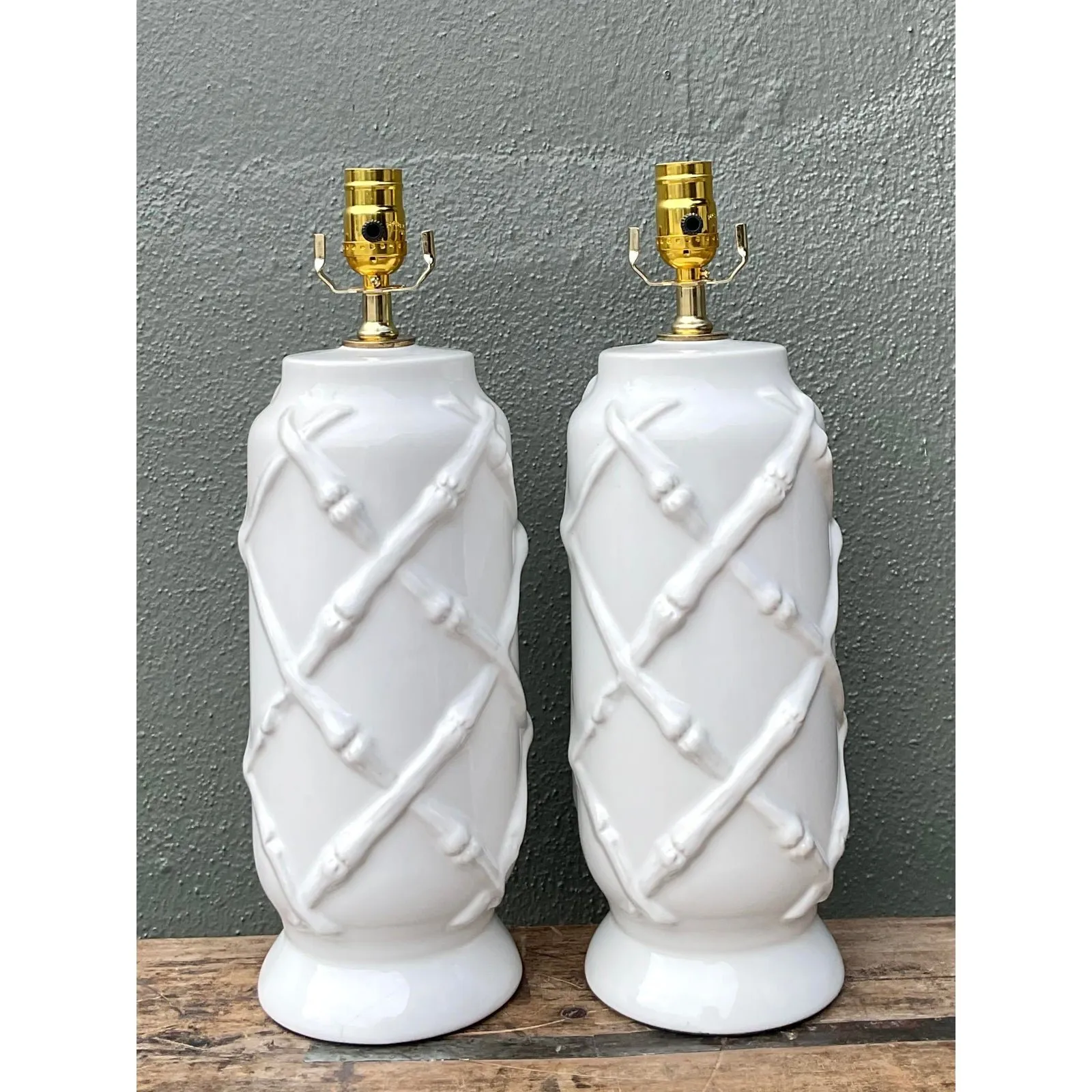 Vintage Bamboo Trellis Glazed Ceramic Lamps — additional photo 3