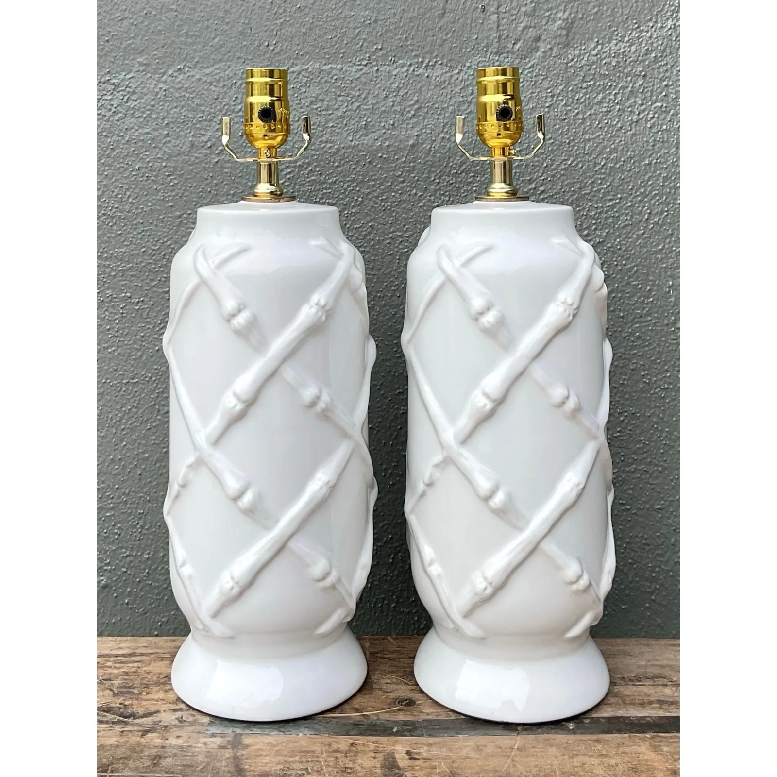 Vintage Bamboo Trellis Glazed Ceramic Lamps — additional photo 5