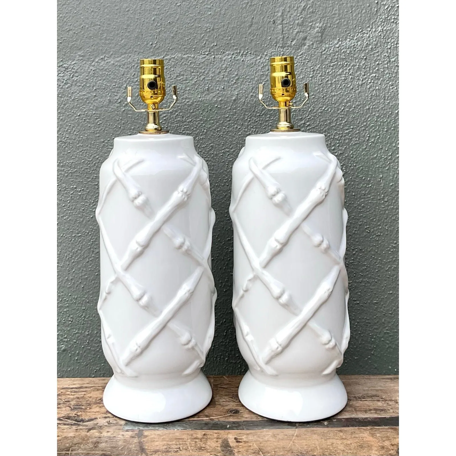 Vintage Bamboo Trellis Glazed Ceramic Lamps — additional photo 6