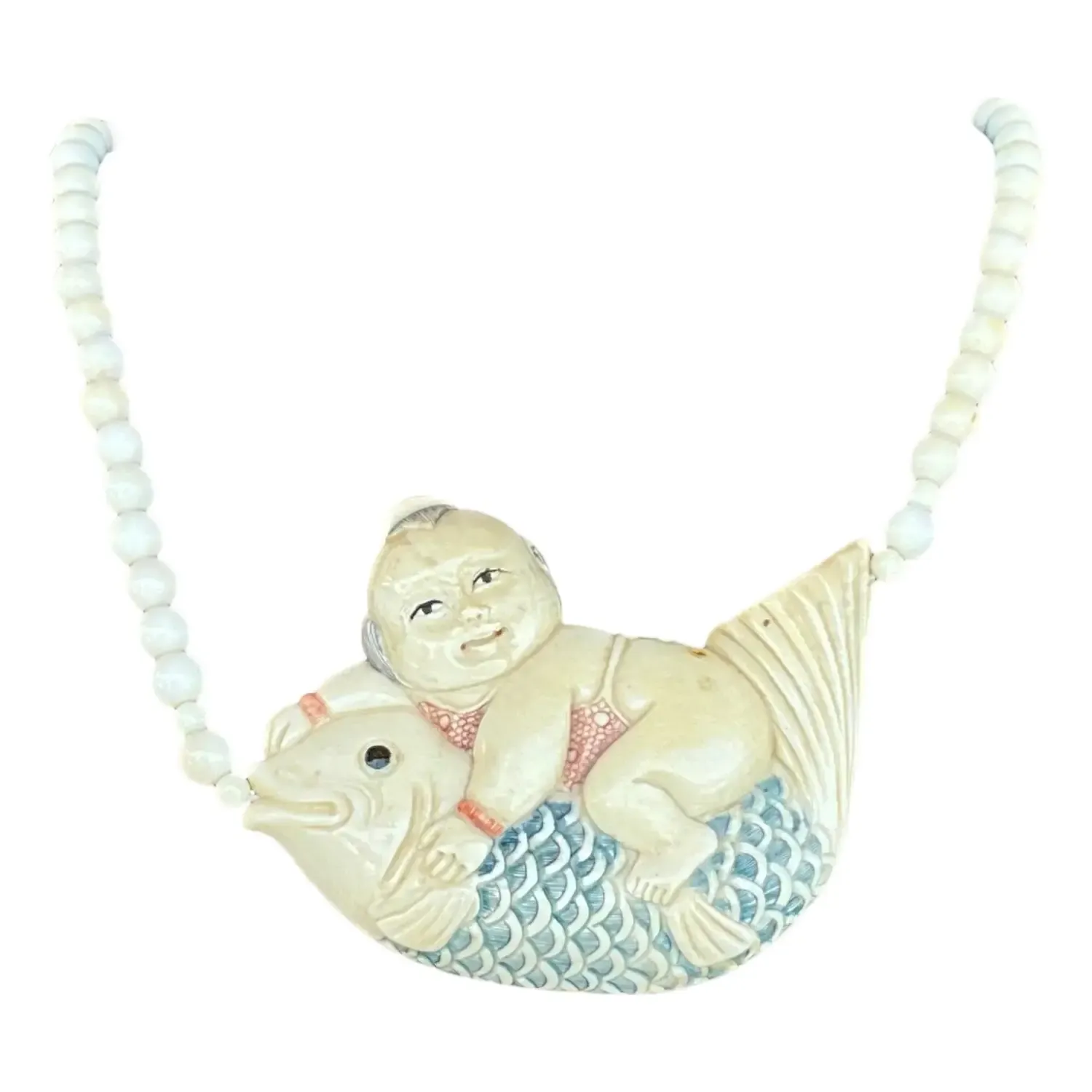 Vintage Beaded Bone Scrimshaw Necklace — additional photo 1