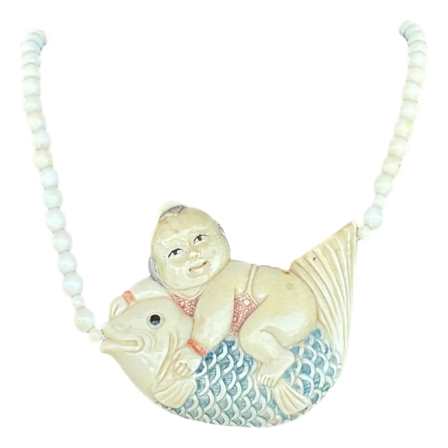 Vintage Beaded Bone Scrimshaw Necklace — additional photo 2