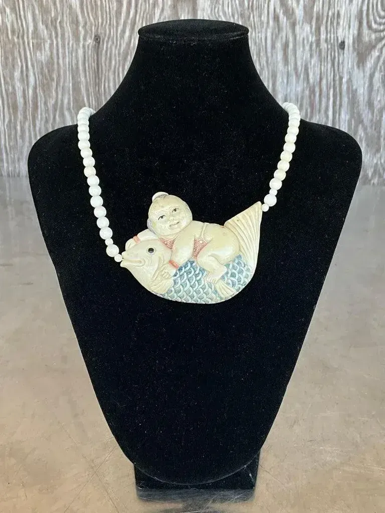 Vintage Beaded Bone Scrimshaw Necklace — additional photo 3