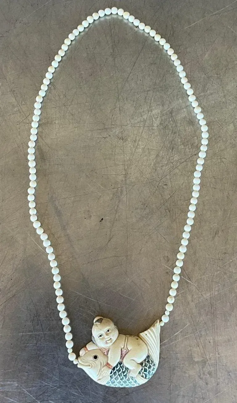 Vintage Beaded Bone Scrimshaw Necklace — additional photo 6