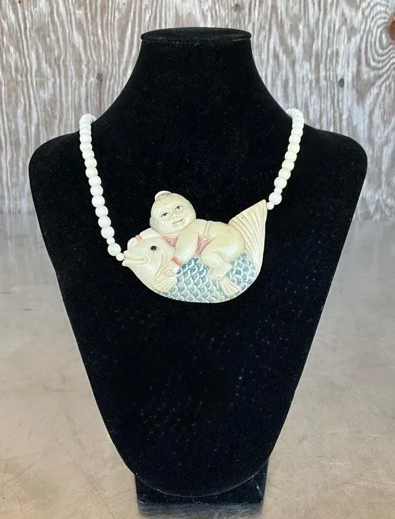 Vintage Beaded Bone Scrimshaw Necklace — additional photo 8