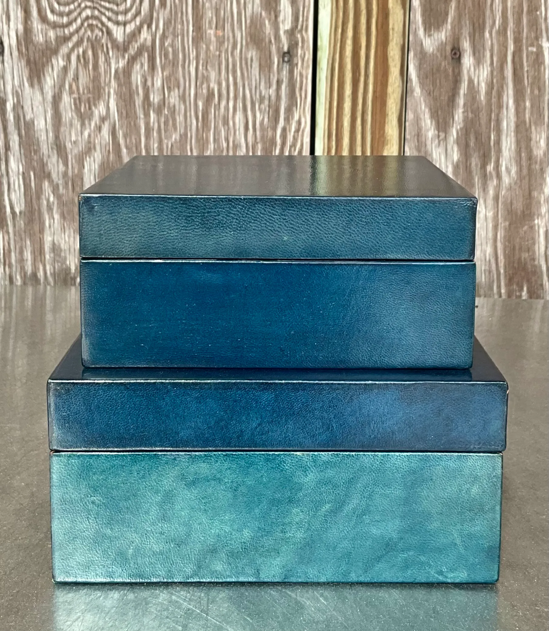 Vintage Blue Leather over Wood All Purpose Boxes- a Set  — additional photo 1