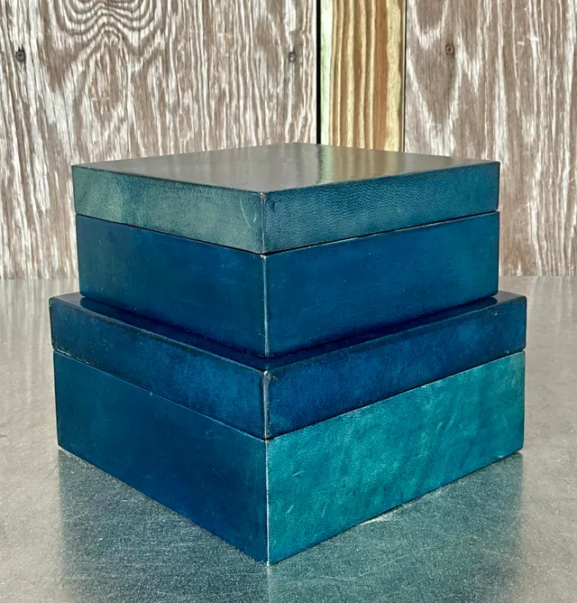 Vintage Blue Leather over Wood All Purpose Boxes- a Set — additional photo 2
