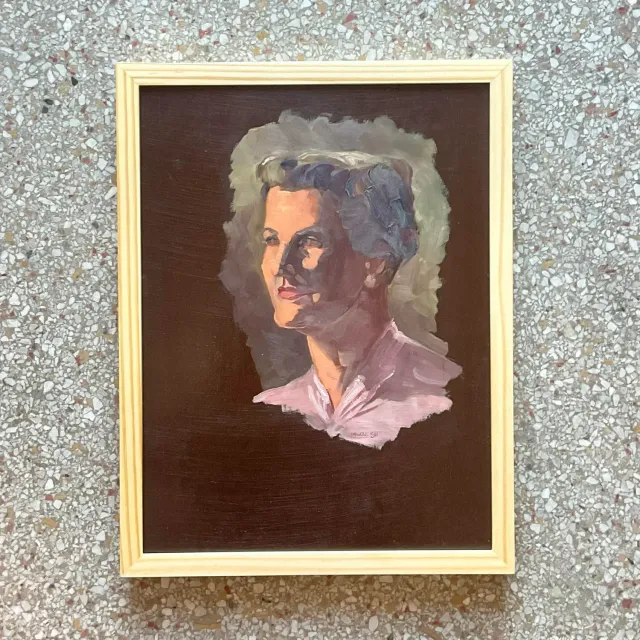 Vintage Boho 1950s Signed Original Oil Portrait on Board — additional photo 1