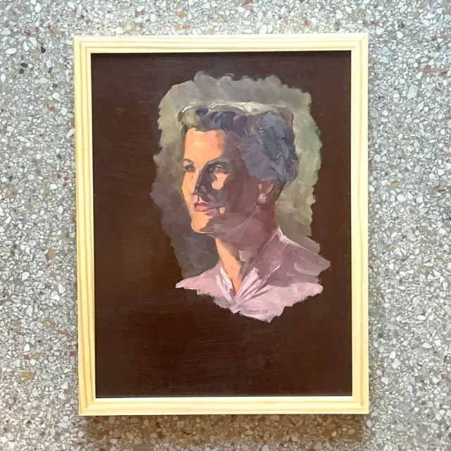 Vintage Boho 1950s Signed Original Oil Portrait on Board — additional photo 3