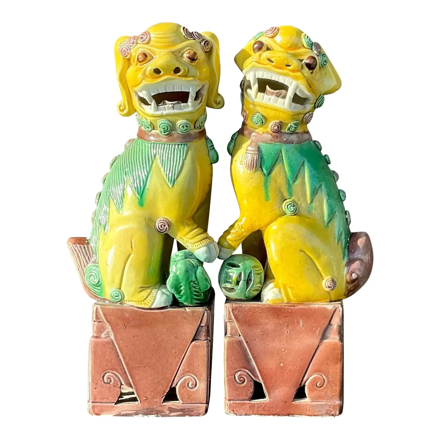 Vintage Boho 19th Century Glazed Ceramic Foo Dogs - a Pair — additional photo 1