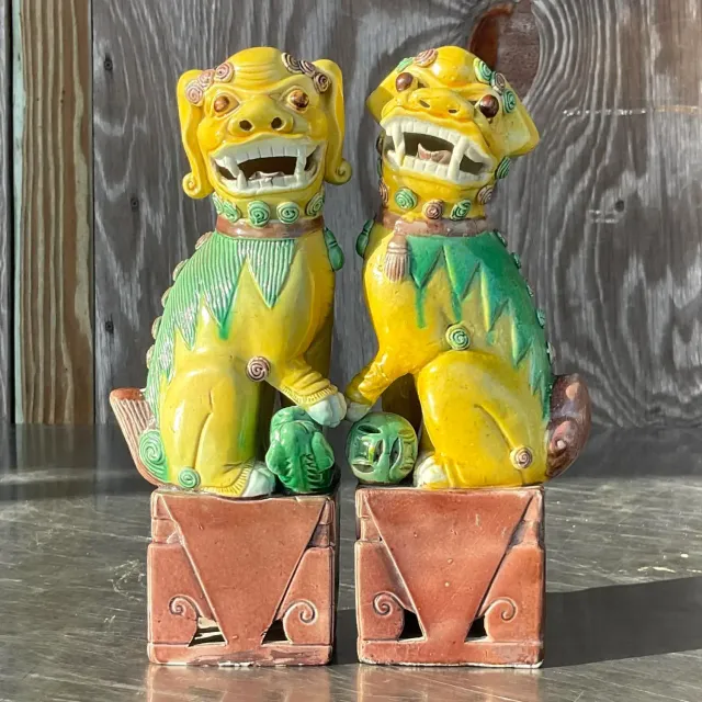 Vintage Boho 19th Century Glazed Ceramic Foo Dogs - a Pair — additional photo 3