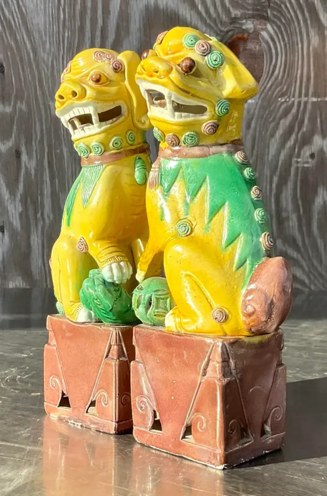 Vintage Boho 19th Century Glazed Ceramic Foo Dogs - a Pair — additional photo 4