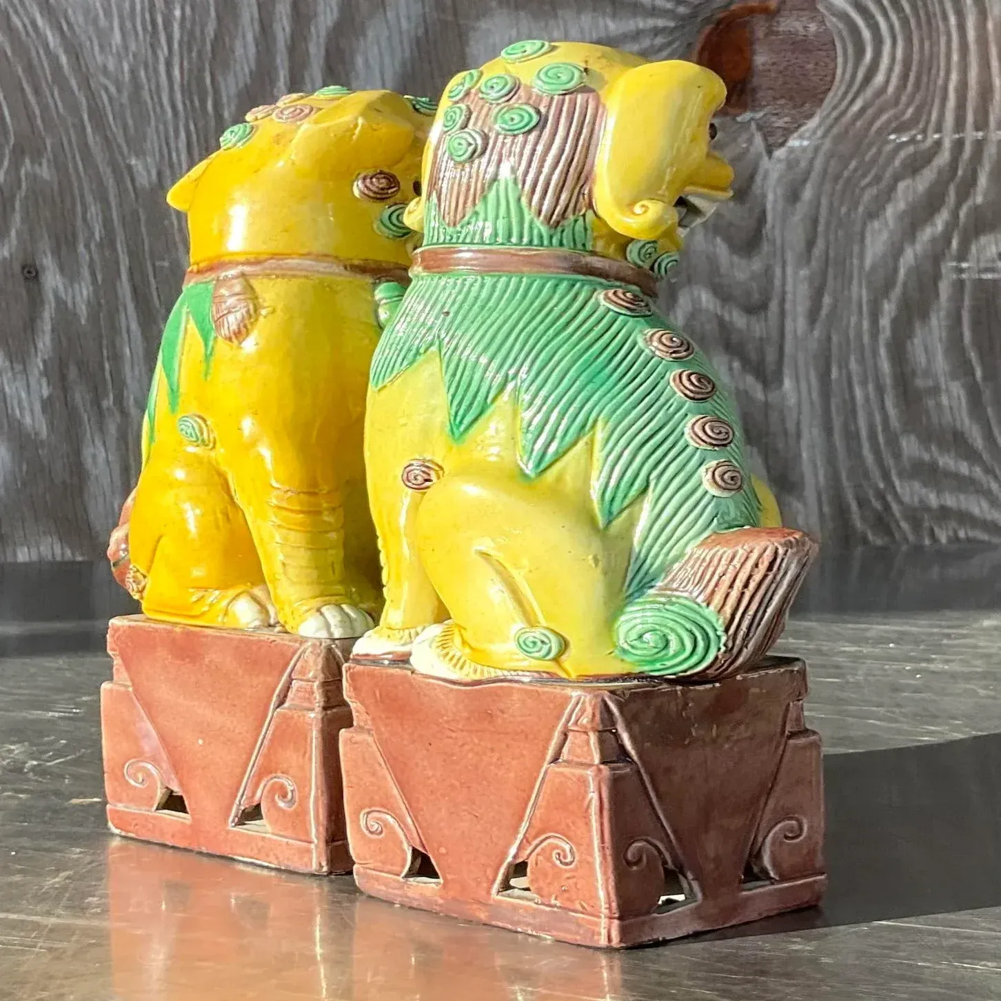 Vintage Boho 19th Century Glazed Ceramic Foo Dogs - a Pair — additional photo 6