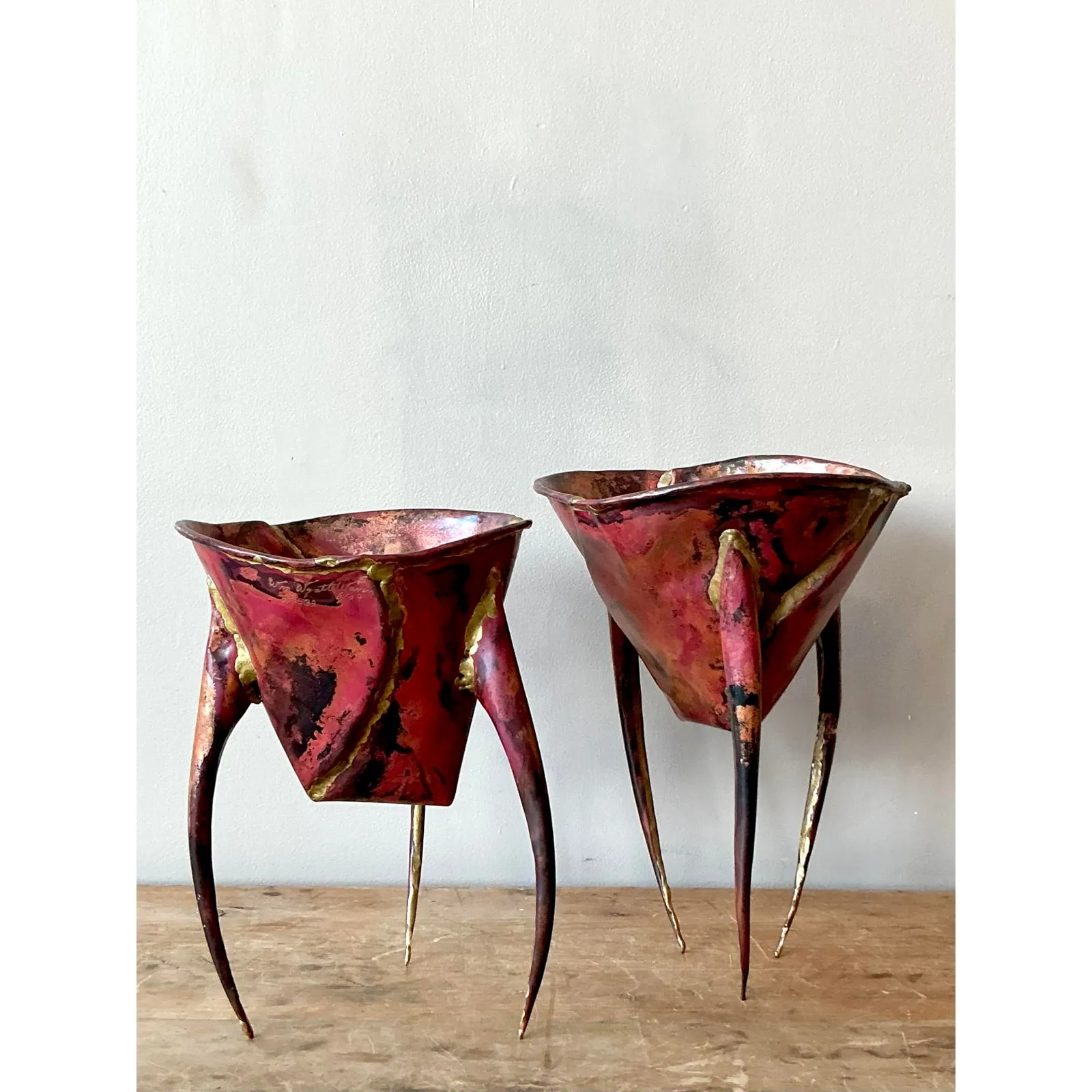 Vintage Boho Abstract Sculptural Metal Bowls - Set of 2