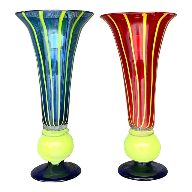 Vintage Boho Art Glass Trumpet Vases - Set of 2 — additional photo 1