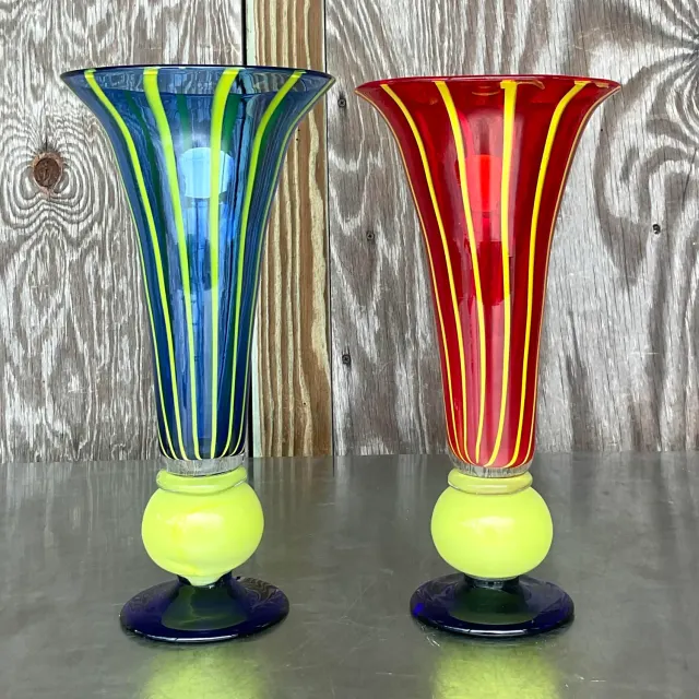 Vintage Boho Art Glass Trumpet Vases - Set of 2 — additional photo 7