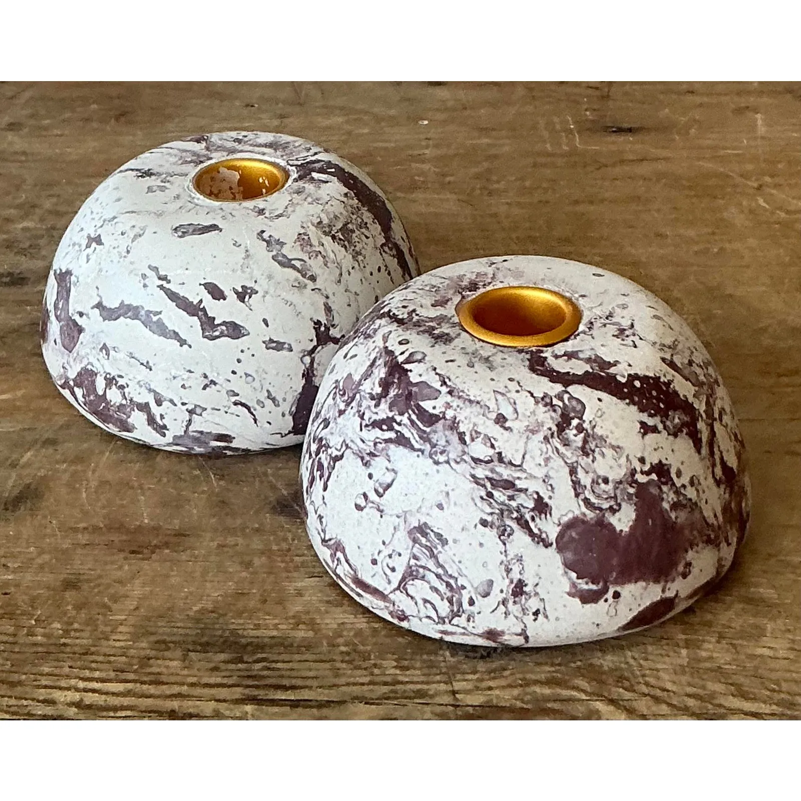 Vintage Boho Artisan Pigmented Plaster Scagliola Low Dome Candlestick Holders - Set of 2 — additional photo 1