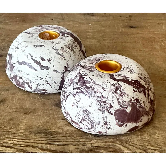 Vintage Boho Artisan Pigmented Plaster Scagliola Low Dome Candlestick Holders - Set of 2 — additional photo 2