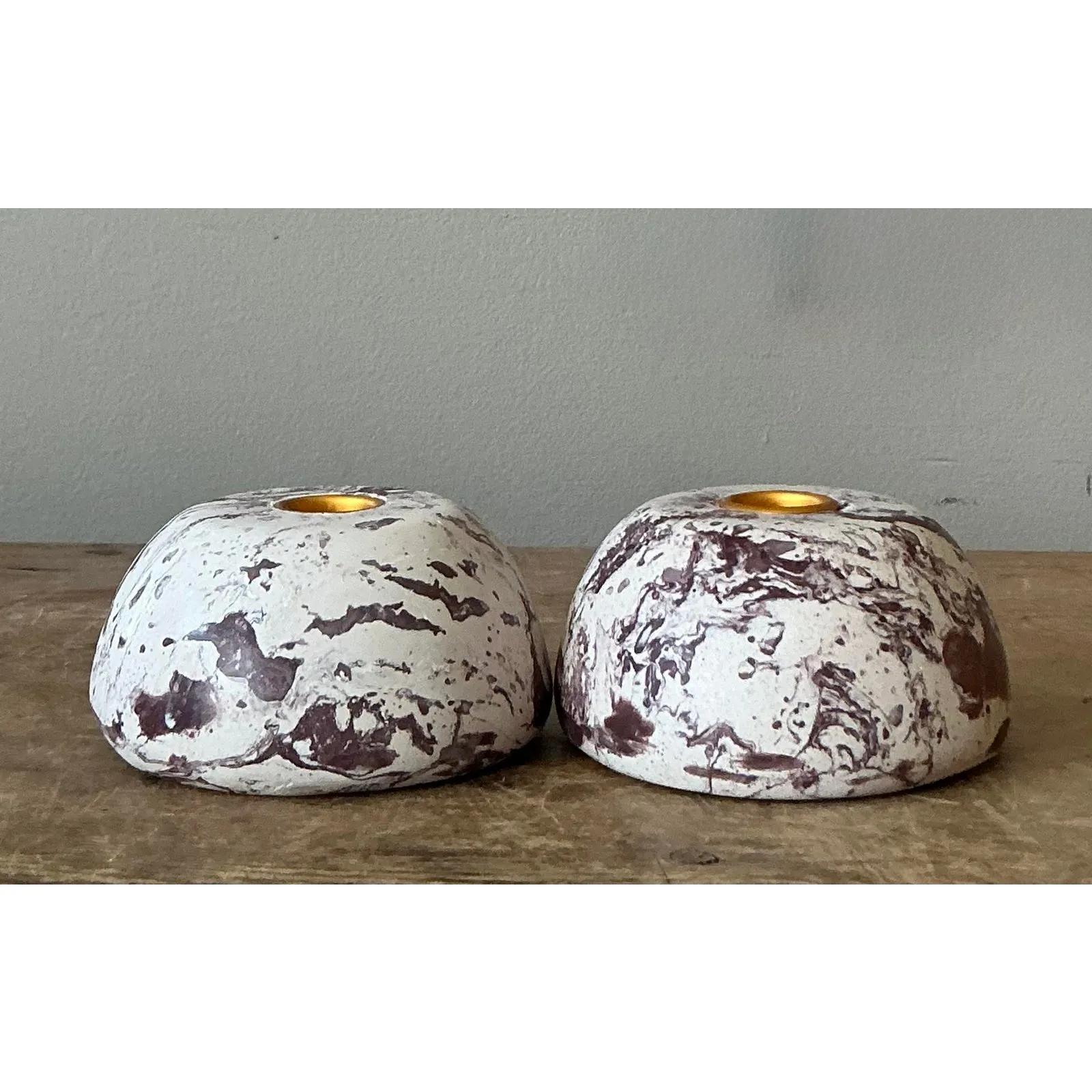 Vintage Boho Artisan Pigmented Plaster Scagliola Low Dome Candlestick Holders - Set of 2 — additional photo 3