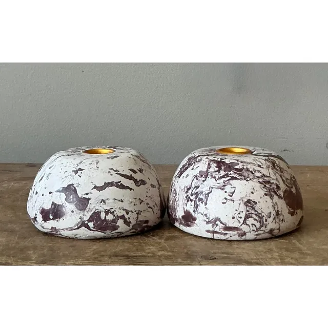 Vintage Boho Artisan Pigmented Plaster Scagliola Low Dome Candlestick Holders - Set of 2 — additional photo 3