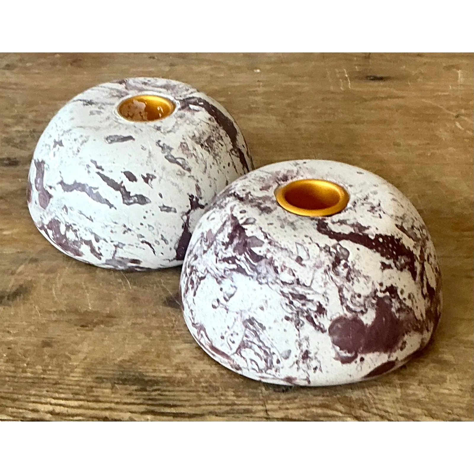 Vintage Boho Artisan Pigmented Plaster Scagliola Low Dome Candlestick Holders - Set of 2 — additional photo 4