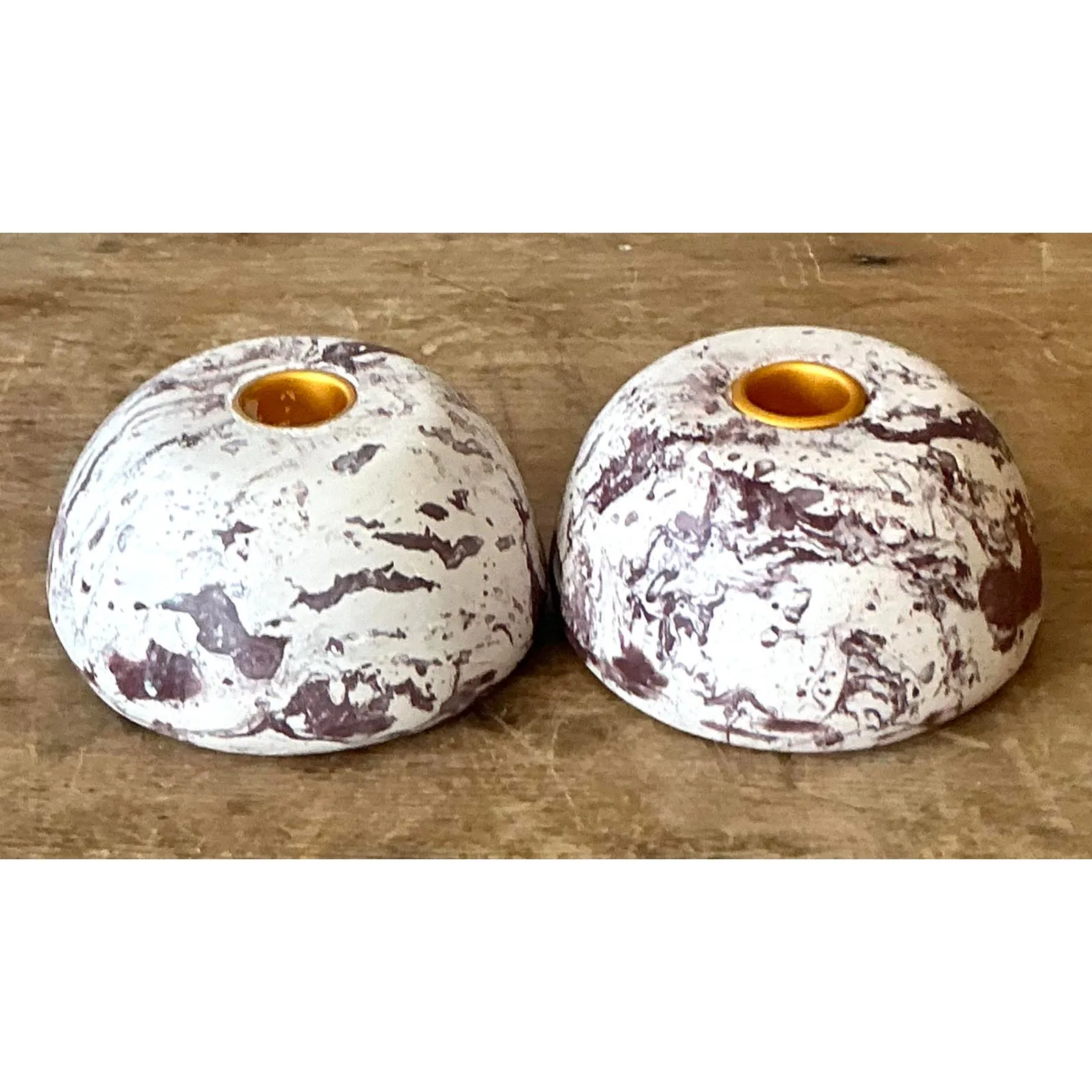 Vintage Boho Artisan Pigmented Plaster Scagliola Low Dome Candlestick Holders - Set of 2 — additional photo 5